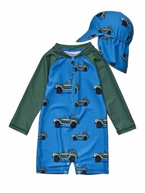 Surf Safari Flap Hat & LS Sunsuit Set by Snapper Rock‎ 6-12M